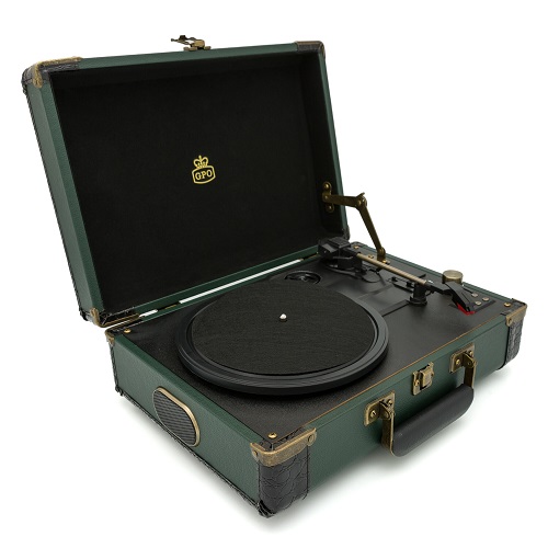 GPO Ambassador Bluetooth Record Player Retro Vinyl Turntable with Speakers Black & Green